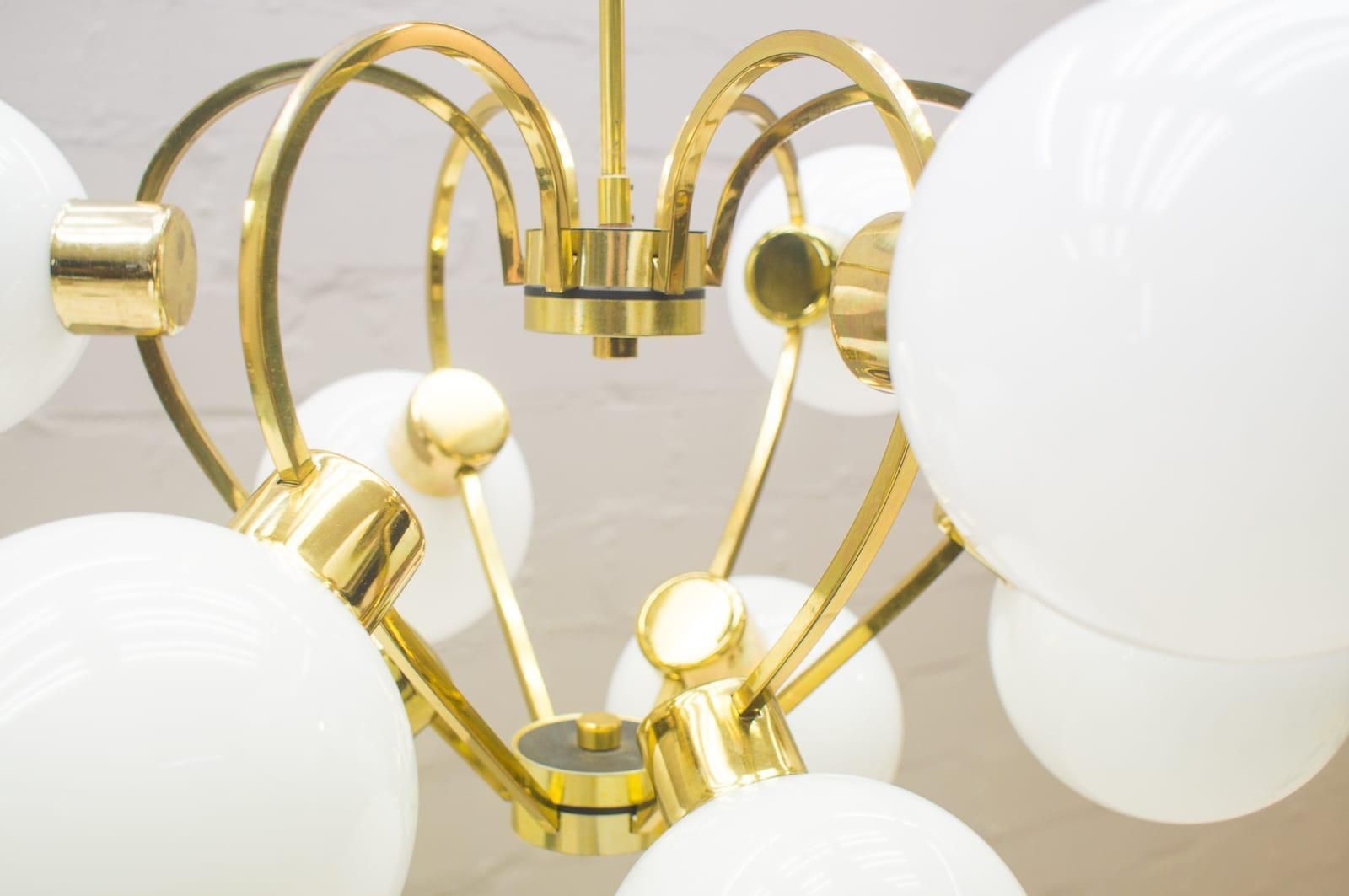 Elegant 1960s Brass Ceiling Lamp With 9 Opaline Glass Globes photo buy