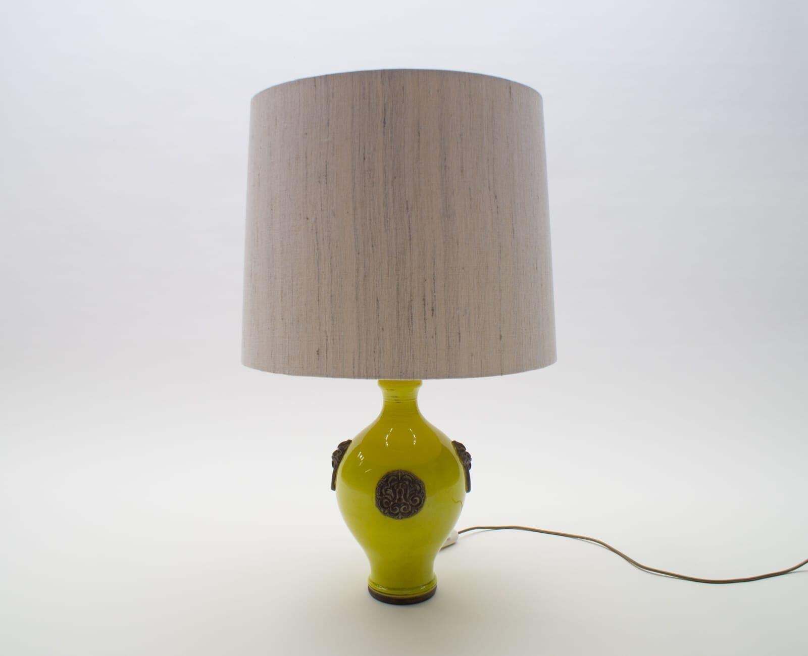 Oatmeal And Yellow Gilt Glazed Ceramic Table Lamp By Ugo Zaccagnini, Italy 1960s photo for sale