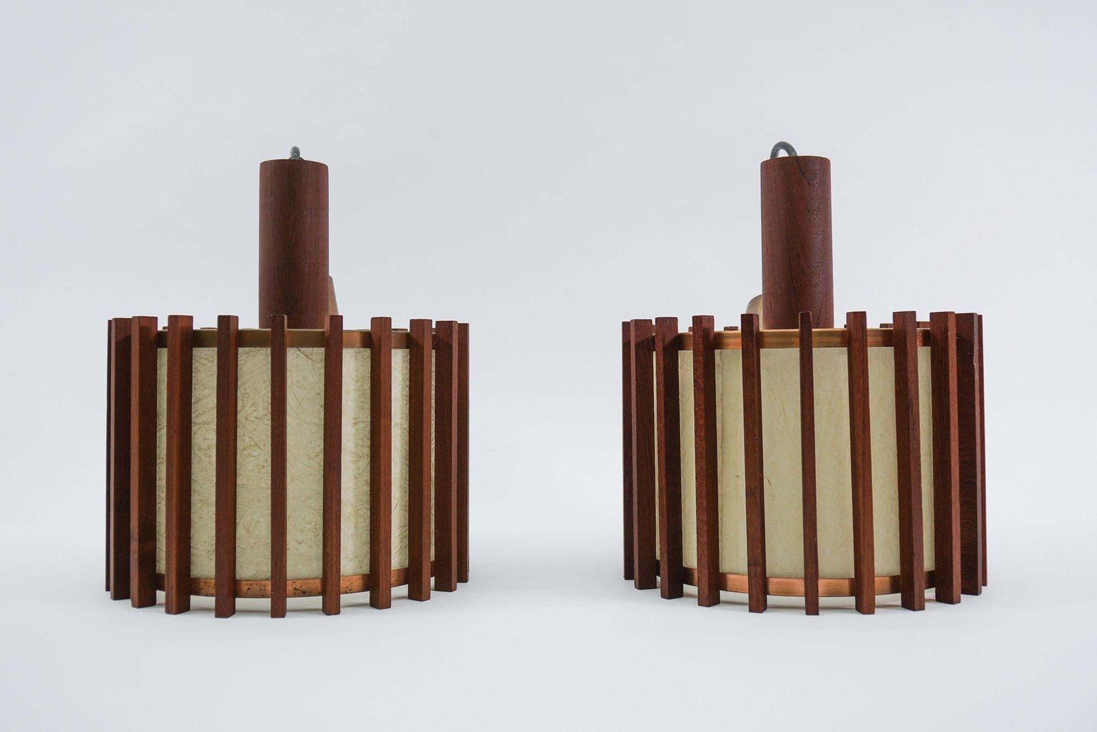 photo buy Pair Of Scandinavian Mid Century Modern Ceiling Lamps In Teak Wood And Copper