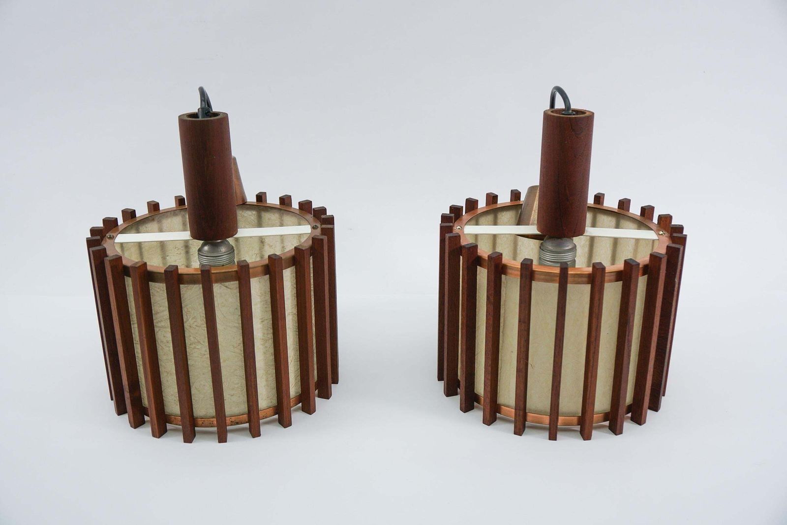 photo vintage Pair Of Scandinavian Mid Century Modern Ceiling Lamps In Teak Wood And Copper