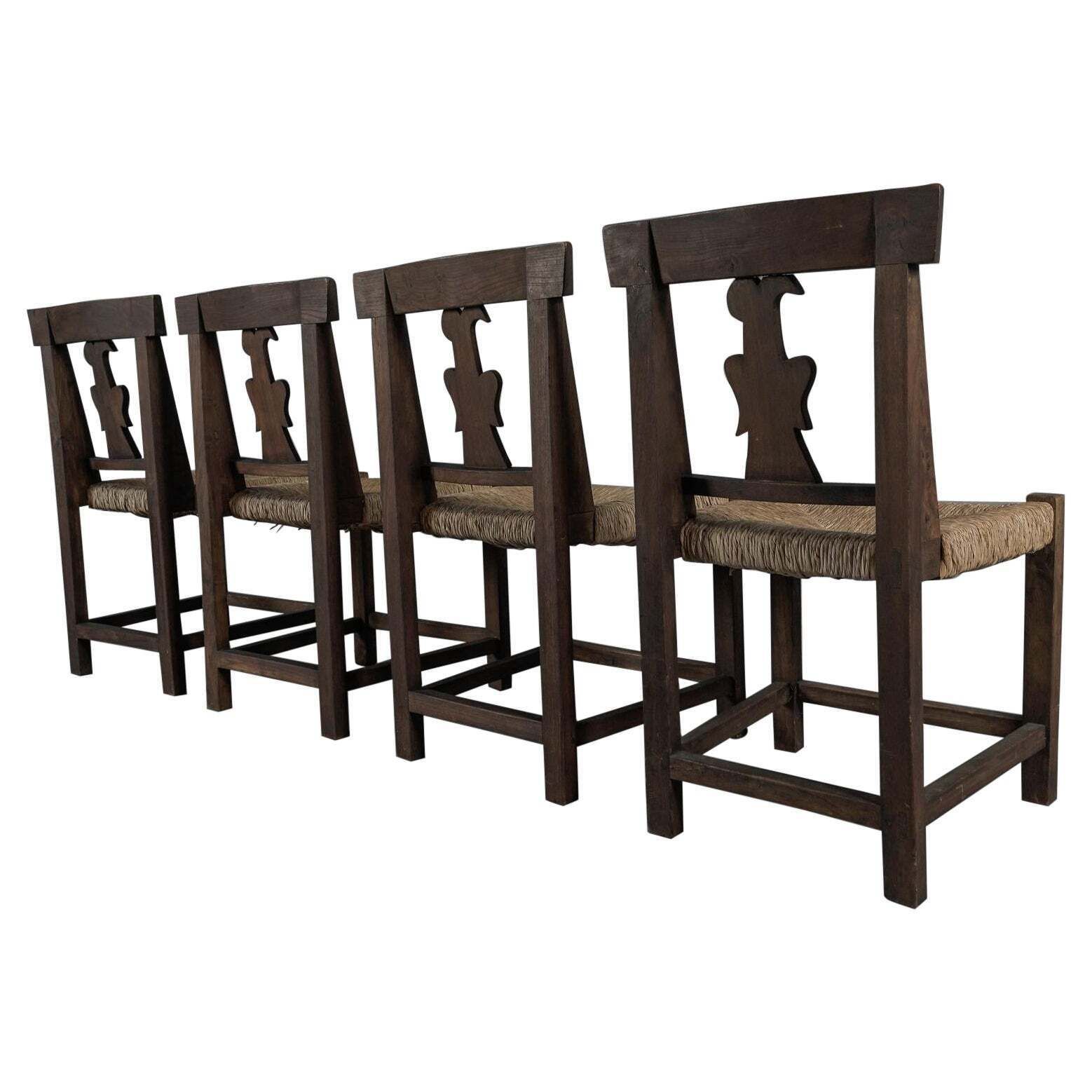 Set Of 4 French Provincial Wood & Seagrass Chairs, 1960s Mid Century Modern