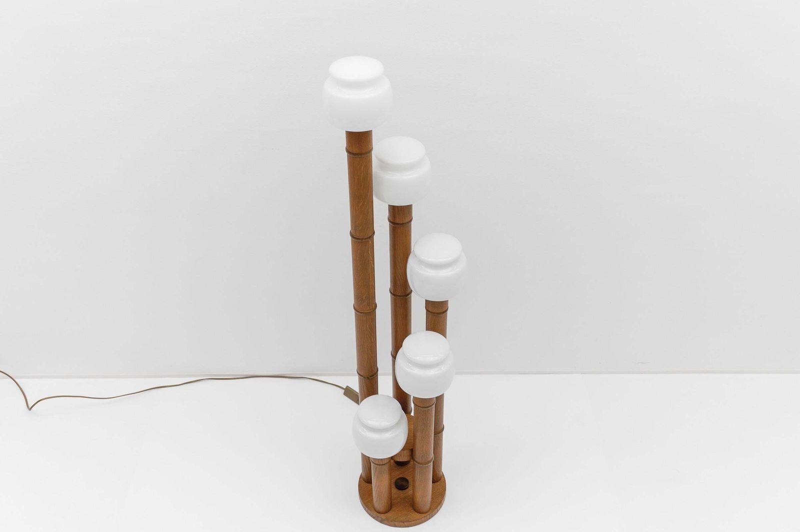 Rare Mid Century Modern Bamboo Floor Lamp With Five Opal Glass Shades, 1960s photo vinterior