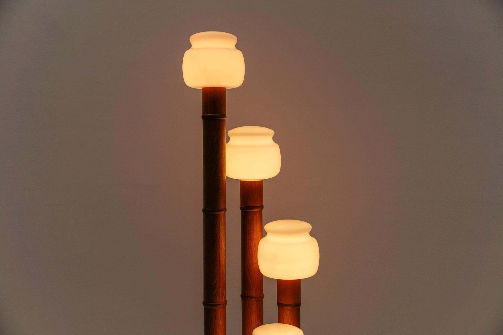 photo for sale Rare Mid Century Modern Bamboo Floor Lamp With Five Opal Glass Shades, 1960s