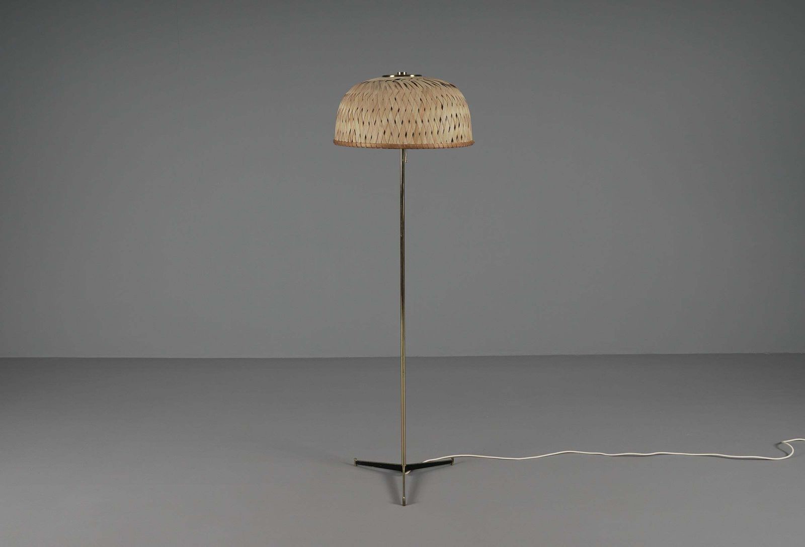 Tripod Floor Lamp In Brass And Wicker Shade, 1950s Italy photo furniture