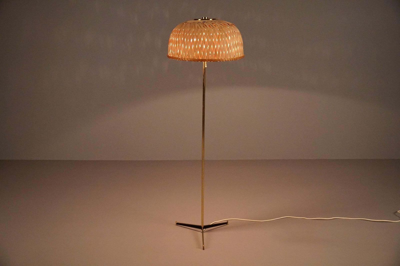 Tripod Floor Lamp In Brass And Wicker Shade, 1950s Italy photo for sale