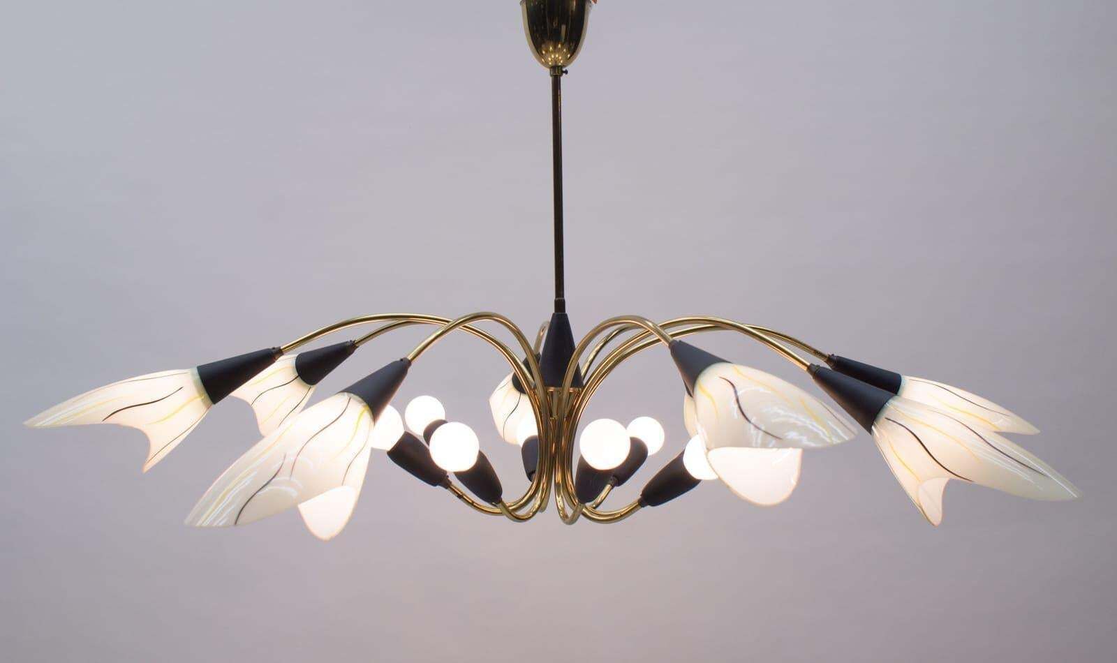 Mid Century Modern 16 Armed Brass And Glass Sputnik Lamp, 1950s photo for sale