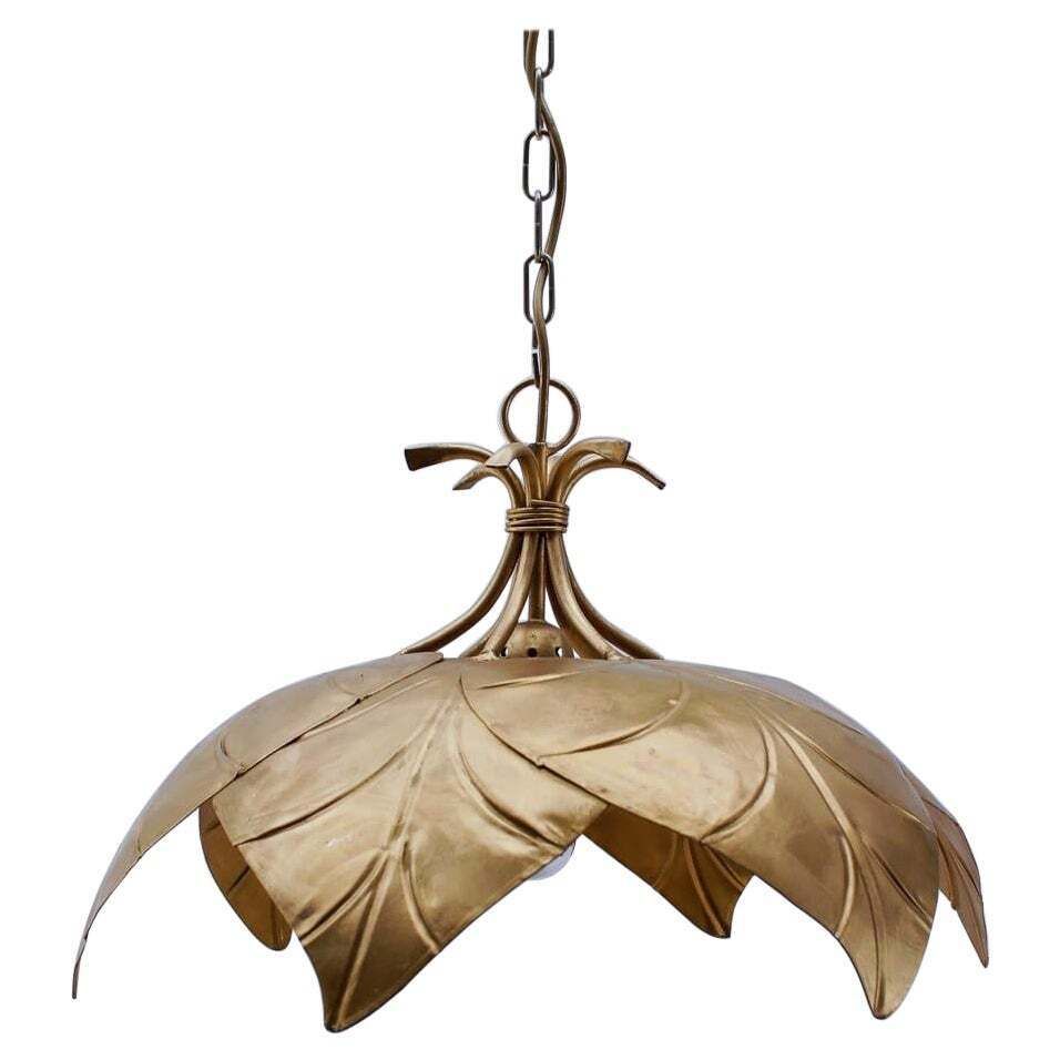 Stunning Golden Metal Leaf Pendant Lamp In Hollywood Regency From Leola 1960s