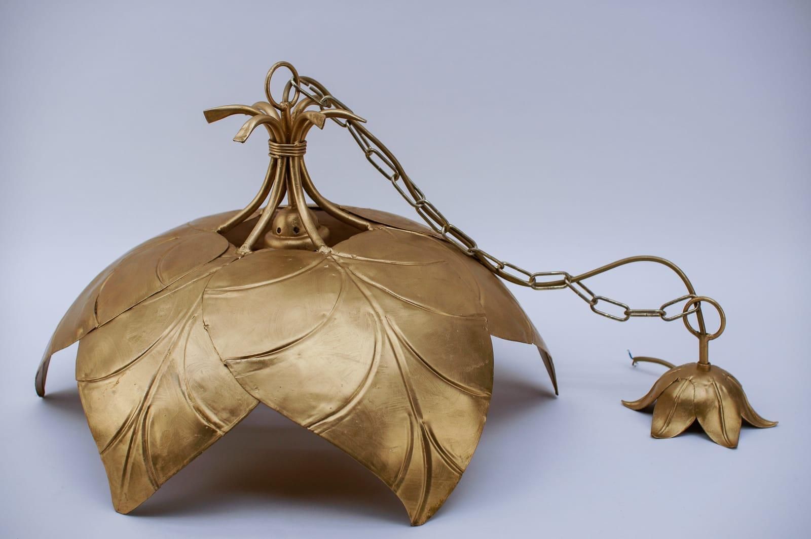 photo for sale Stunning Golden Metal Leaf Pendant Lamp In Hollywood Regency From Leola 1960s