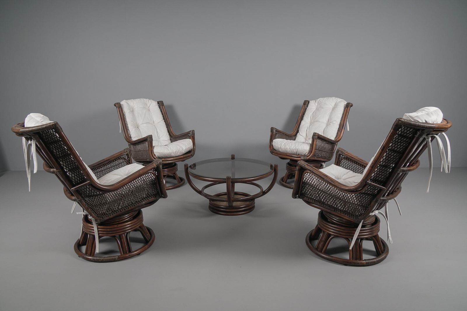 New Upholstered Rattan Seating Set, 4x Armchairs 1x Stool 1x Coffee Table, 1960s photo Furniture