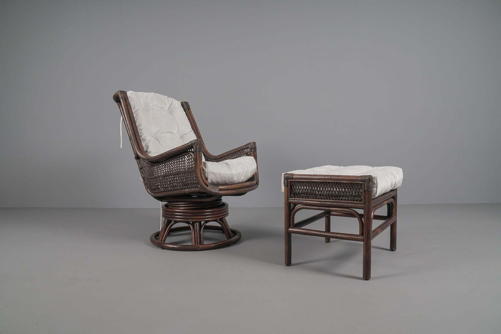 photo for sale New Upholstered Rattan Seating Set, 4x Armchairs 1x Stool 1x Coffee Table, 1960s
