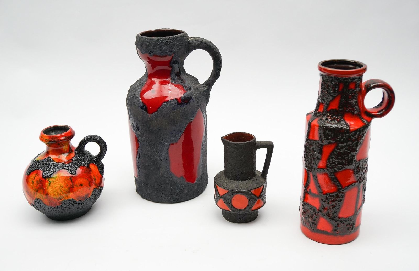 Set Of 4 Red And Orange Fat Lava Ceramic Vases, 1960s Germany photo Home Decor
