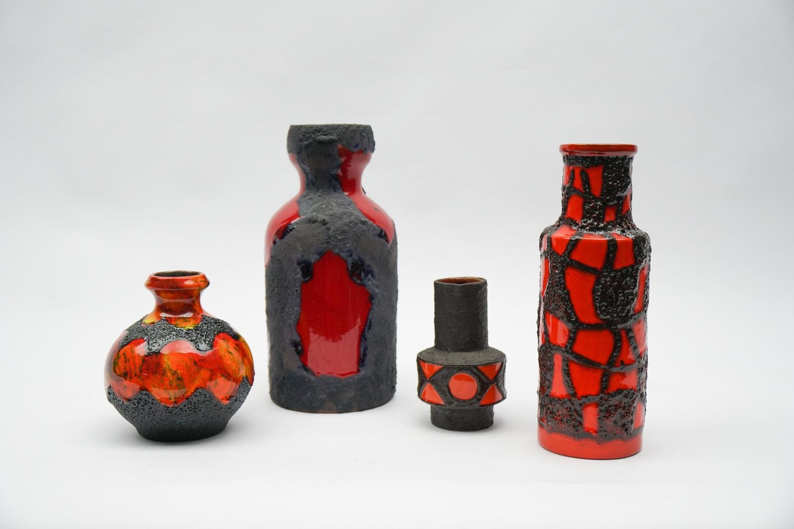 photo vinterior Set Of 4 Red And Orange Fat Lava Ceramic Vases, 1960s Germany