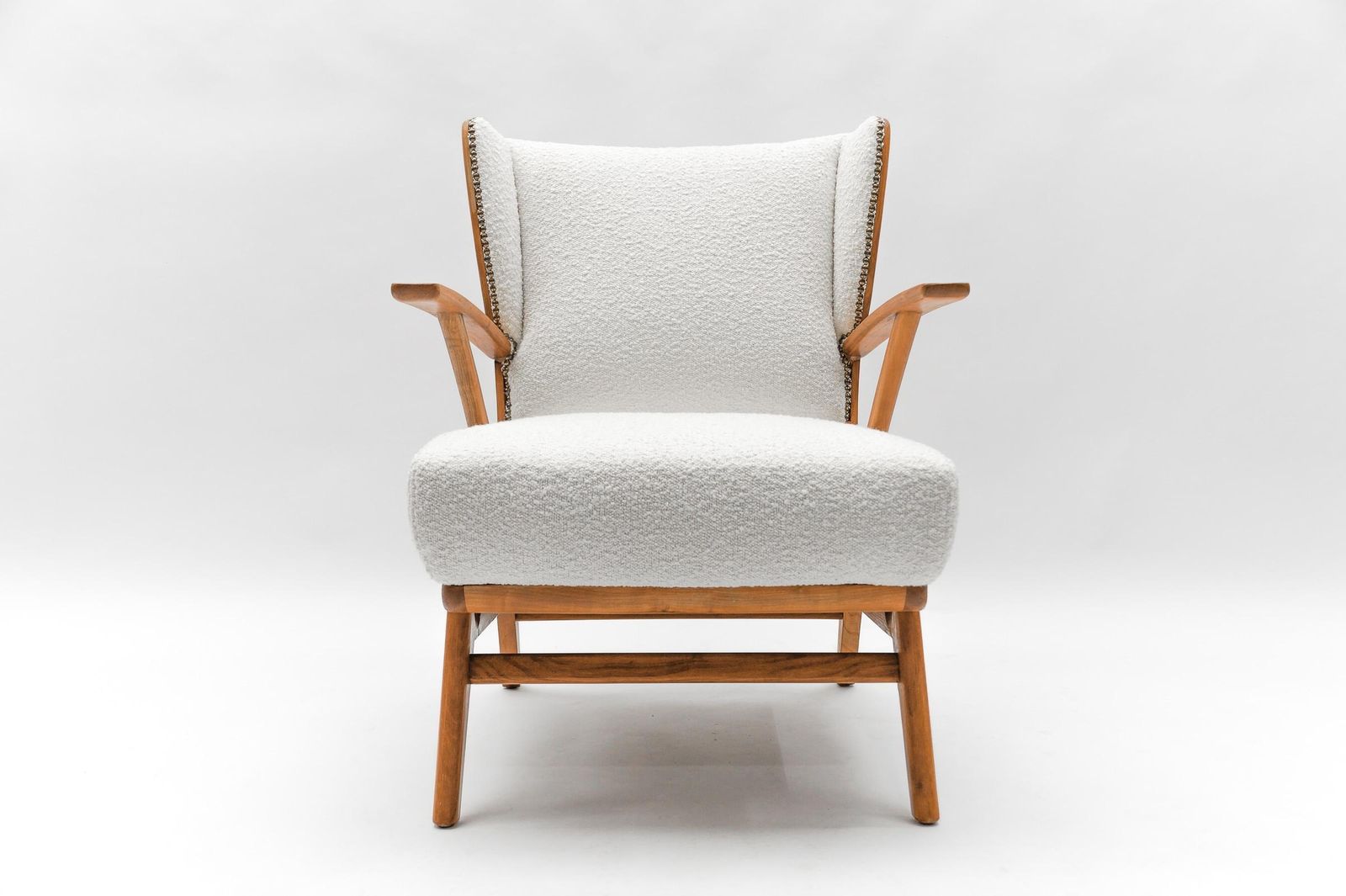 White Boucle Fabric And Wooden Wingback Armchair, Italy, 1950s photo furniture