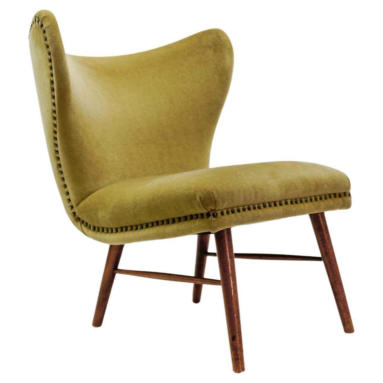 Lovely Mid Century Modern Green Italian Wood & Fabric Wingback Armchair, 1950s
