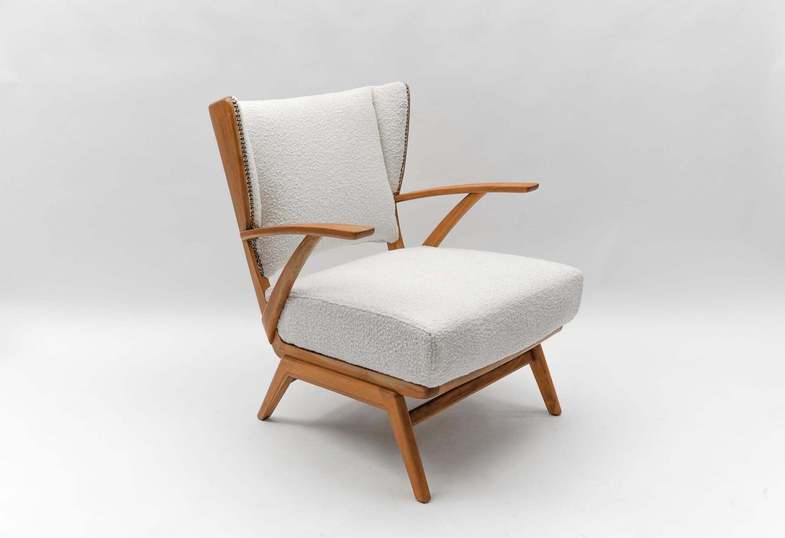 White Boucle Fabric And Wooden Wingback Armchair, Italy, 1950s photo vinterior