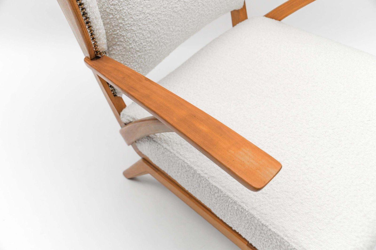 photo furniture White Boucle Fabric And Wooden Wingback Armchair, Italy, 1950s