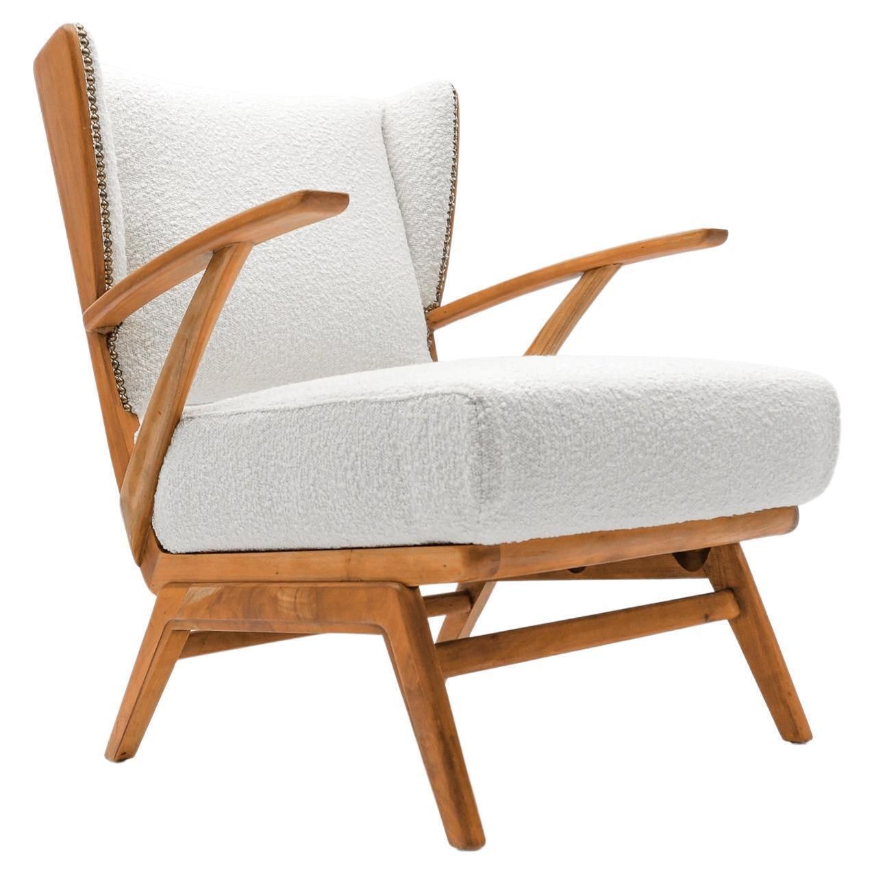 White Boucle Fabric And Wooden Wingback Armchair, Italy, 1950s