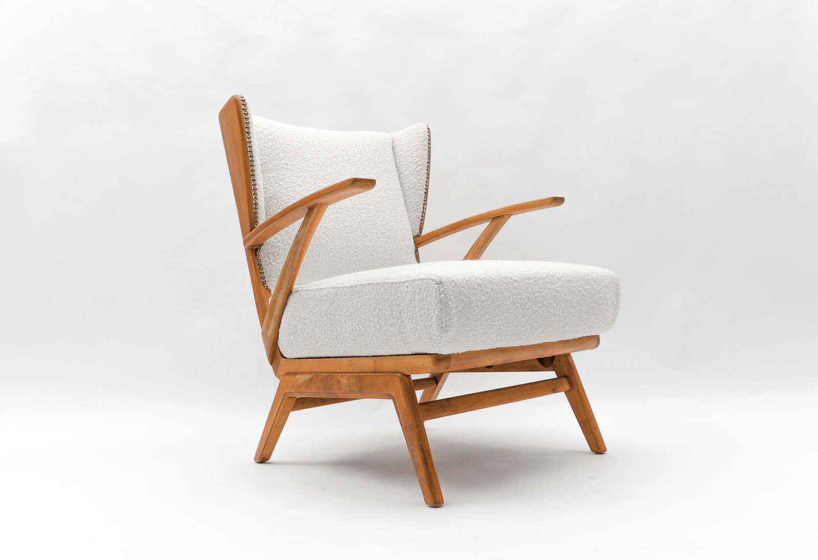 White Boucle Fabric And Wooden Wingback Armchair, Italy, 1950s photo furniture