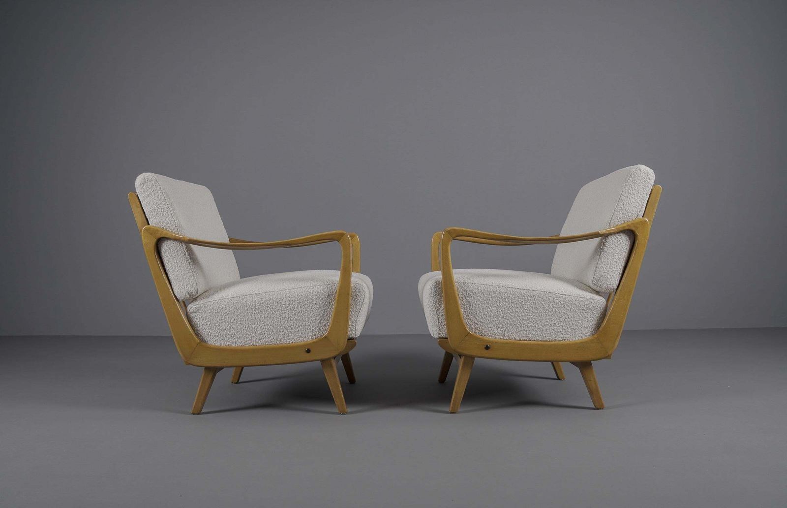 Pair Of Wooden Armchairs In White Boucle Fabric, 1950s photo Furniture