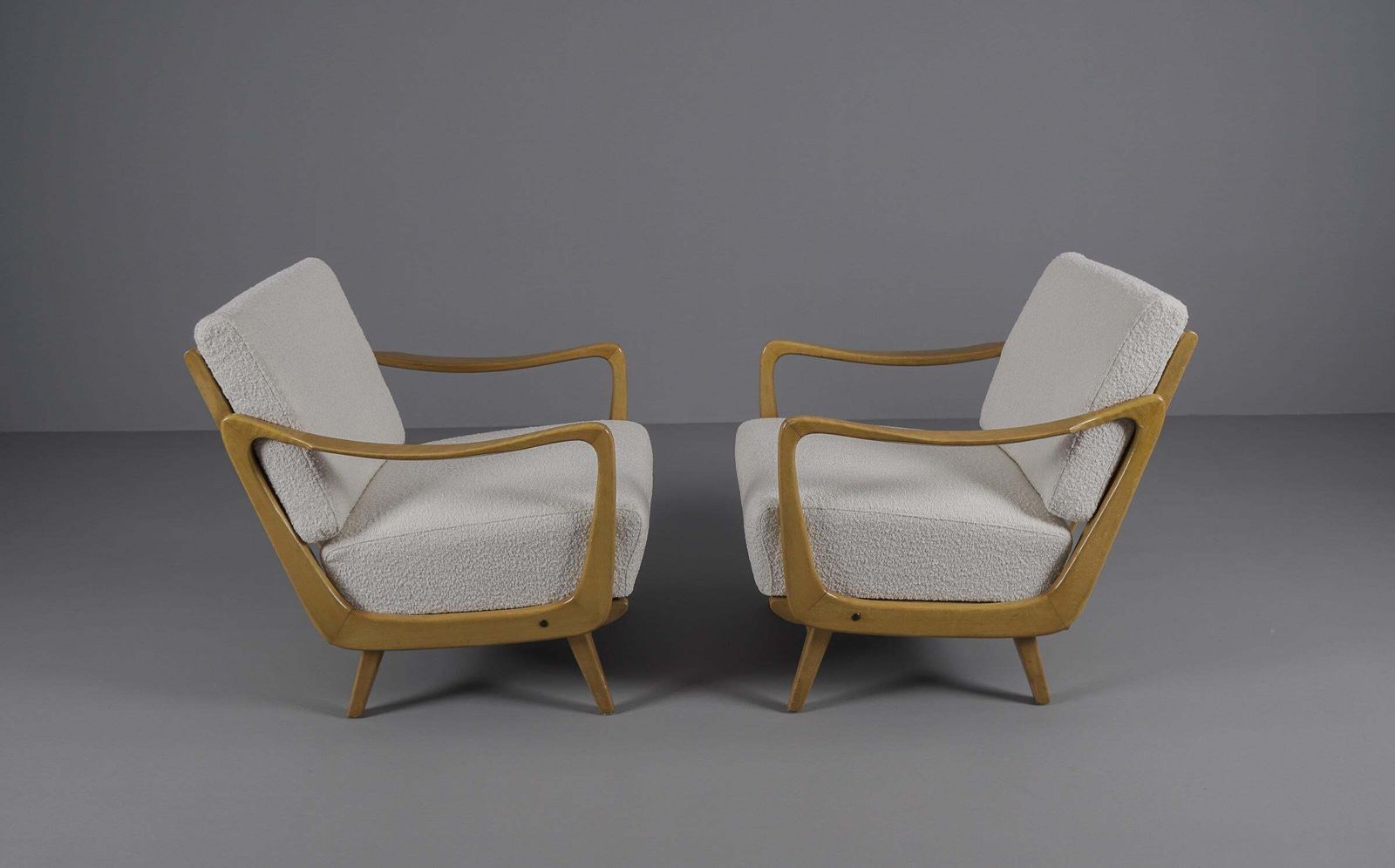 Pair Of Wooden Armchairs In White Boucle Fabric, 1950s photo 2718.0