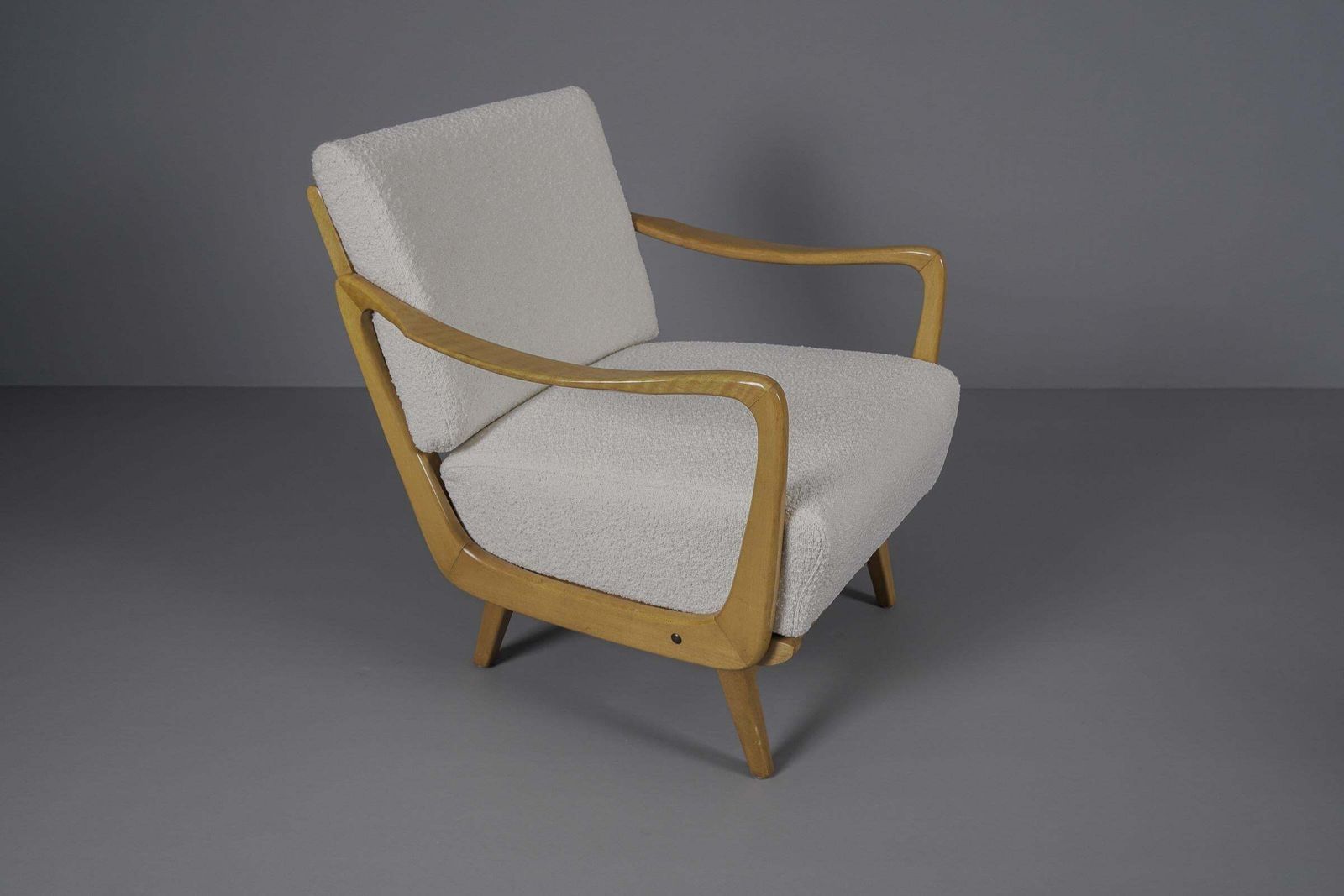 Pair Of Wooden Armchairs In White Boucle Fabric, 1950s photo buy