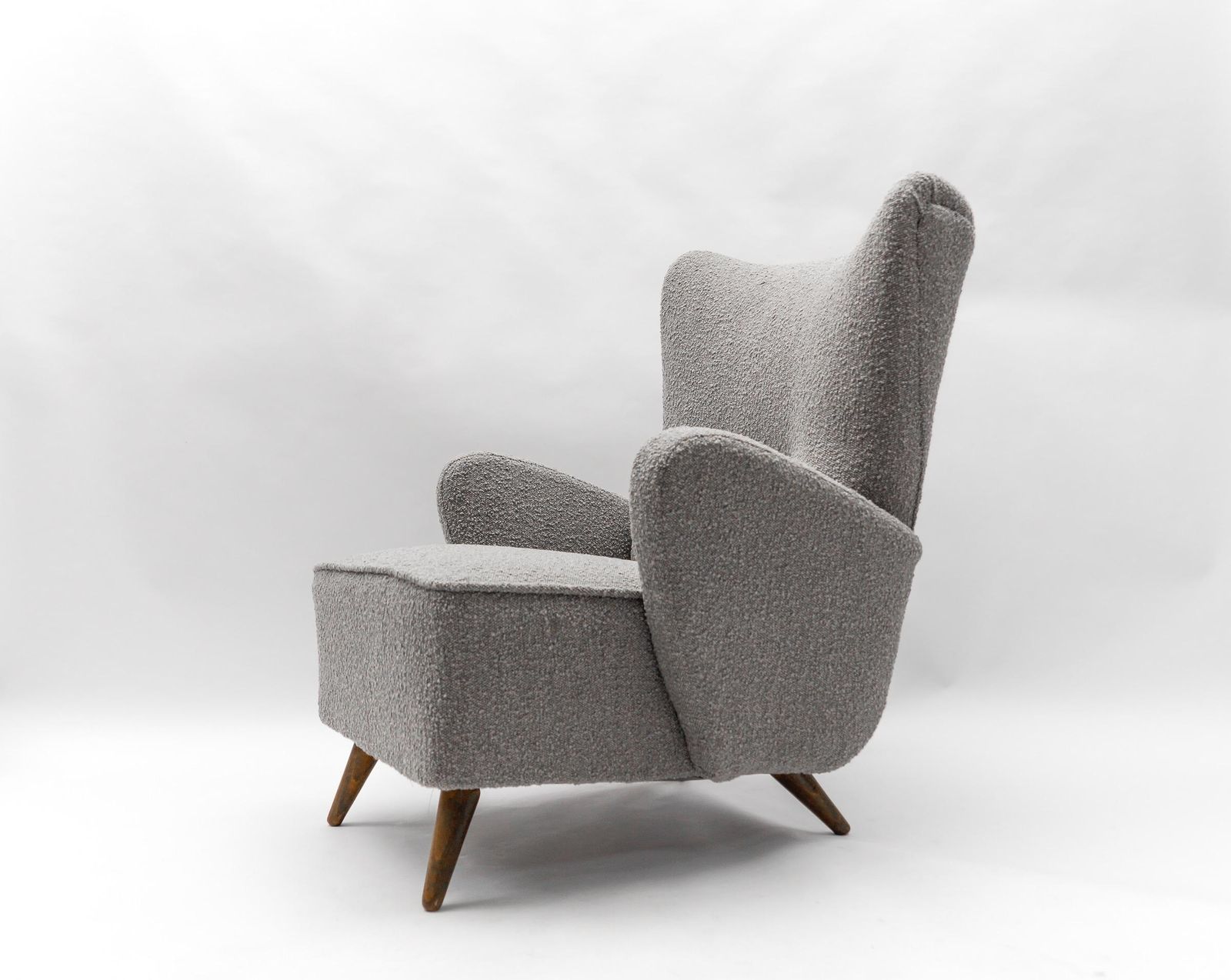 Large Grey Boucle Fabric Wingback Armchair, Italy, 1950s photo vinterior