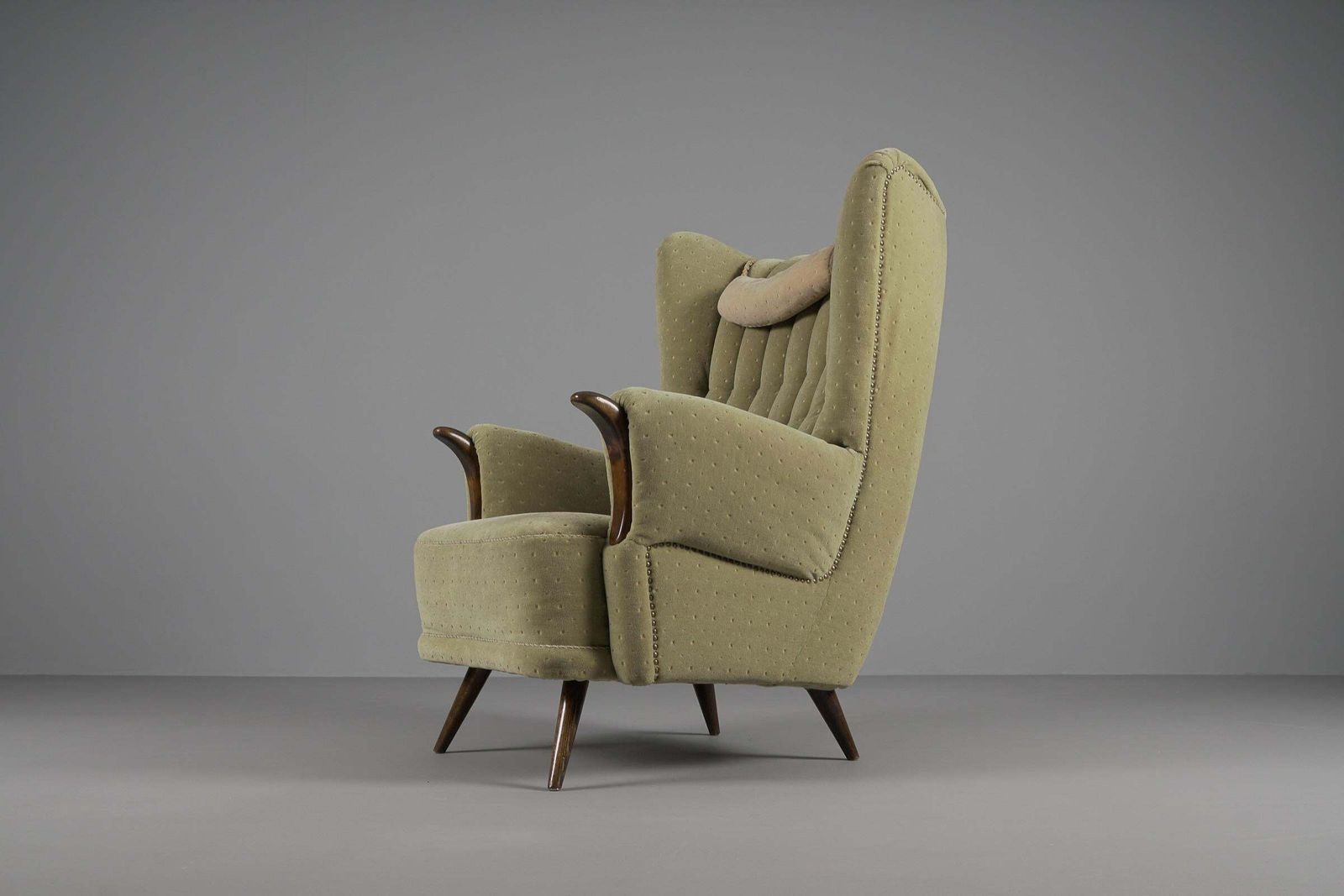 Large Green Italian Wood & Fabric Wingback Armchair, 1950s photo for sale