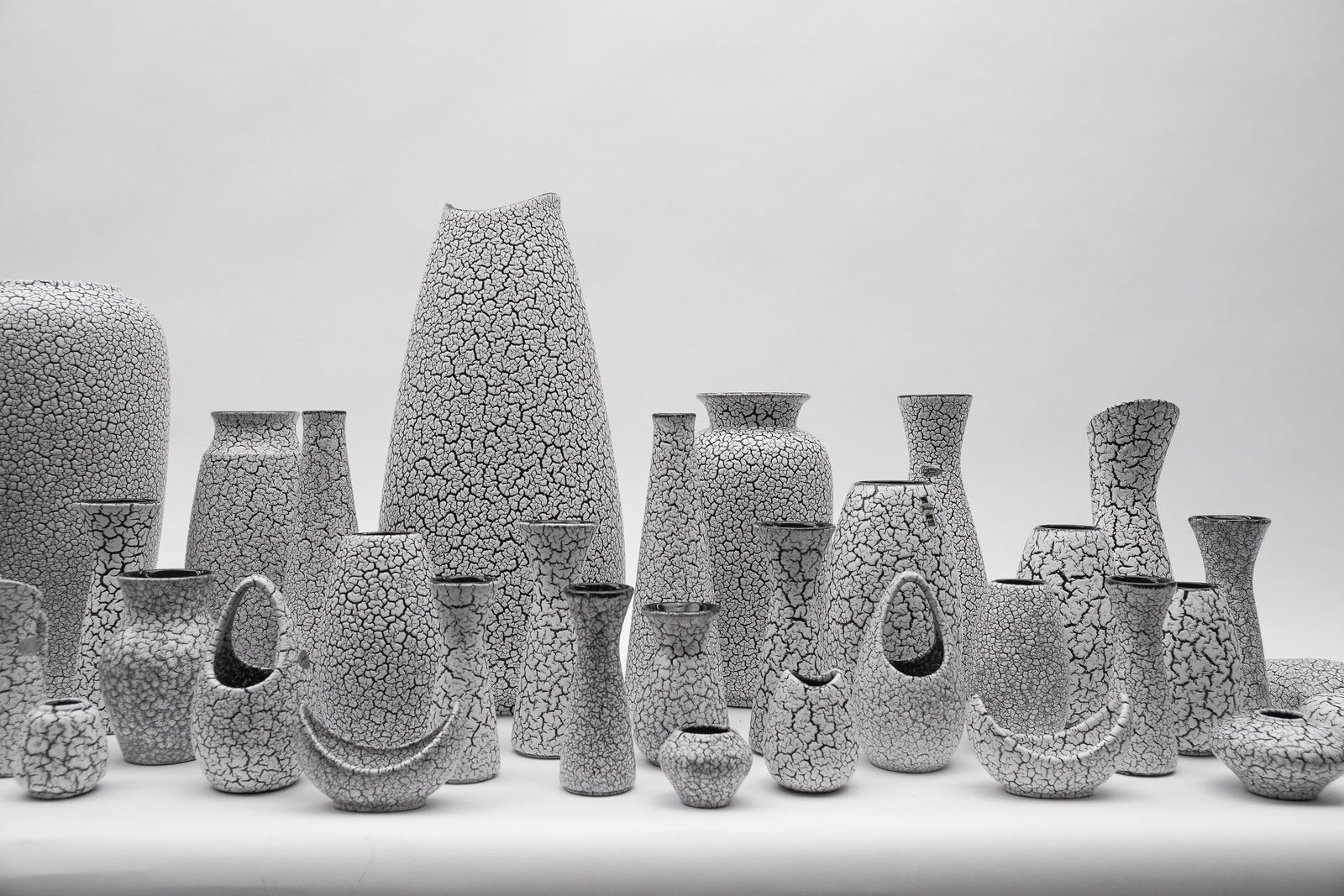 Awesome Set Of 47 Black & White Craquele Ceramic Vases By Jasba Keramik, Germany photo for sale