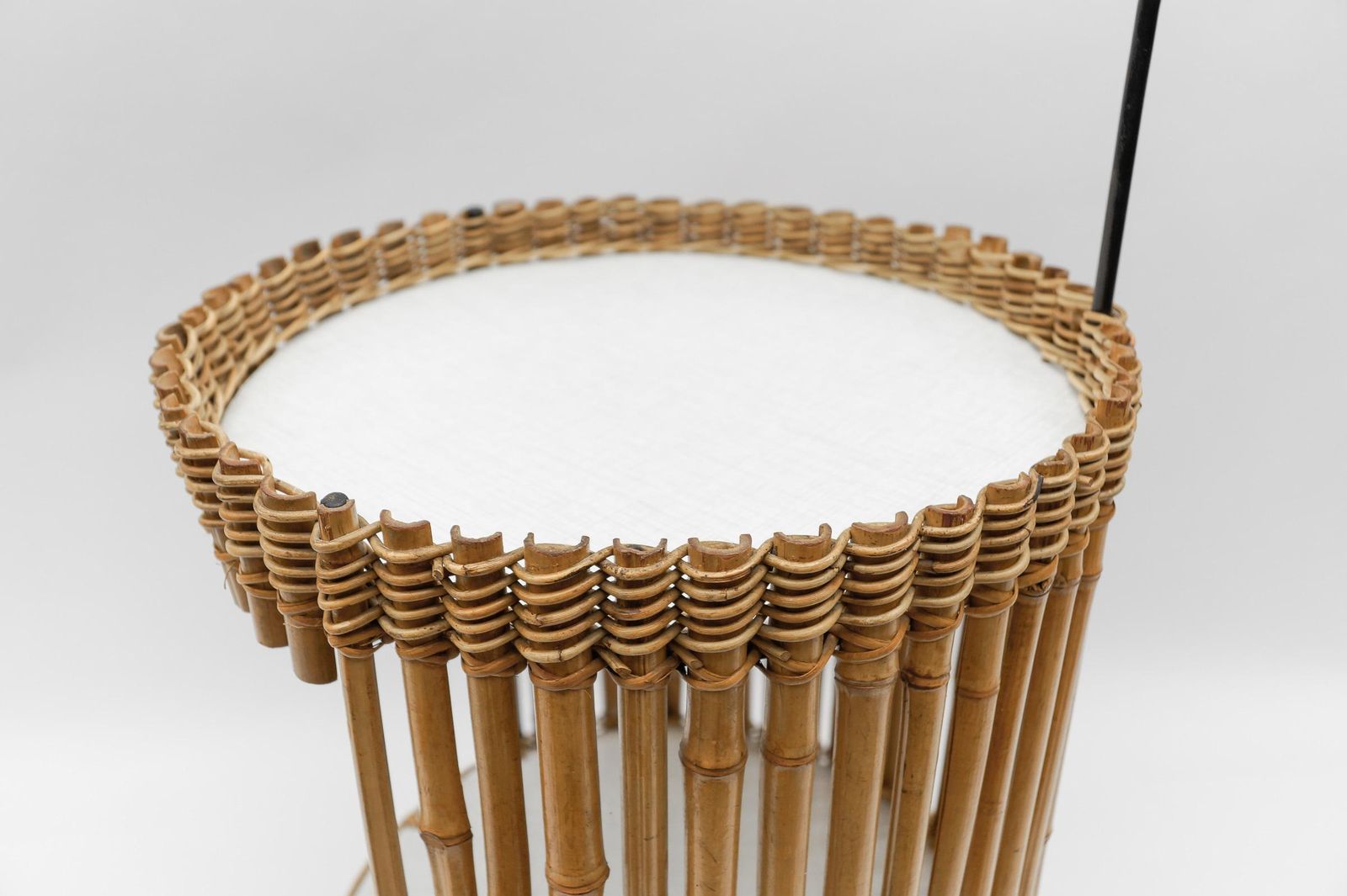 photo furniture Stunning Mid Century Modern Round Serving Cart In Bamboo And Metal, 1950s