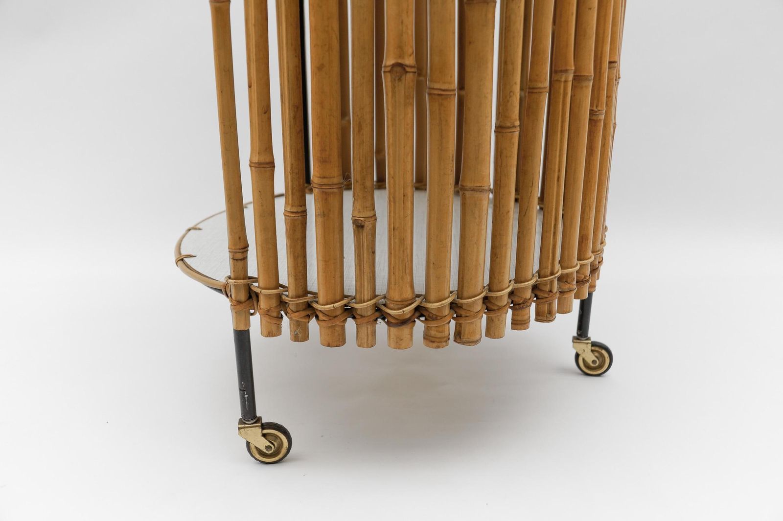 1019.0 Stunning Mid Century Modern Round Serving Cart In Bamboo And Metal, 1950s photo