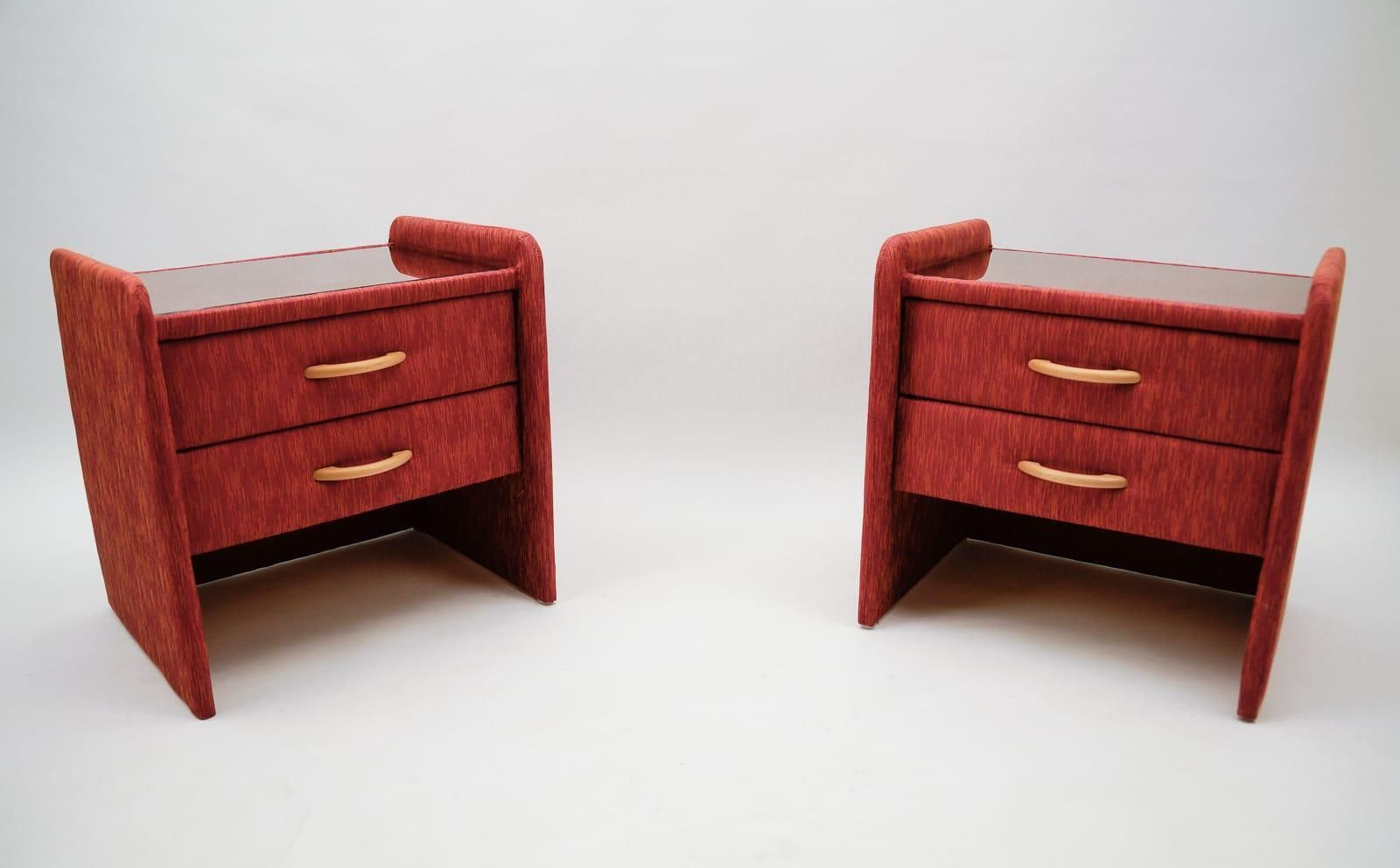 Two Fabric Upholstered Bedside Cabinets In Light Cherry Red And Glass, 1980s photo furniture