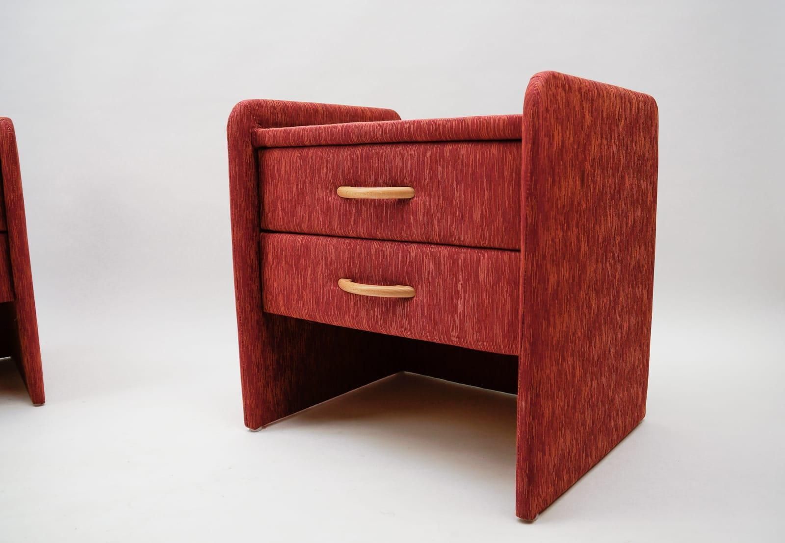 Two Fabric Upholstered Bedside Cabinets In Light Cherry Red And Glass, 1980s photo 1019.0