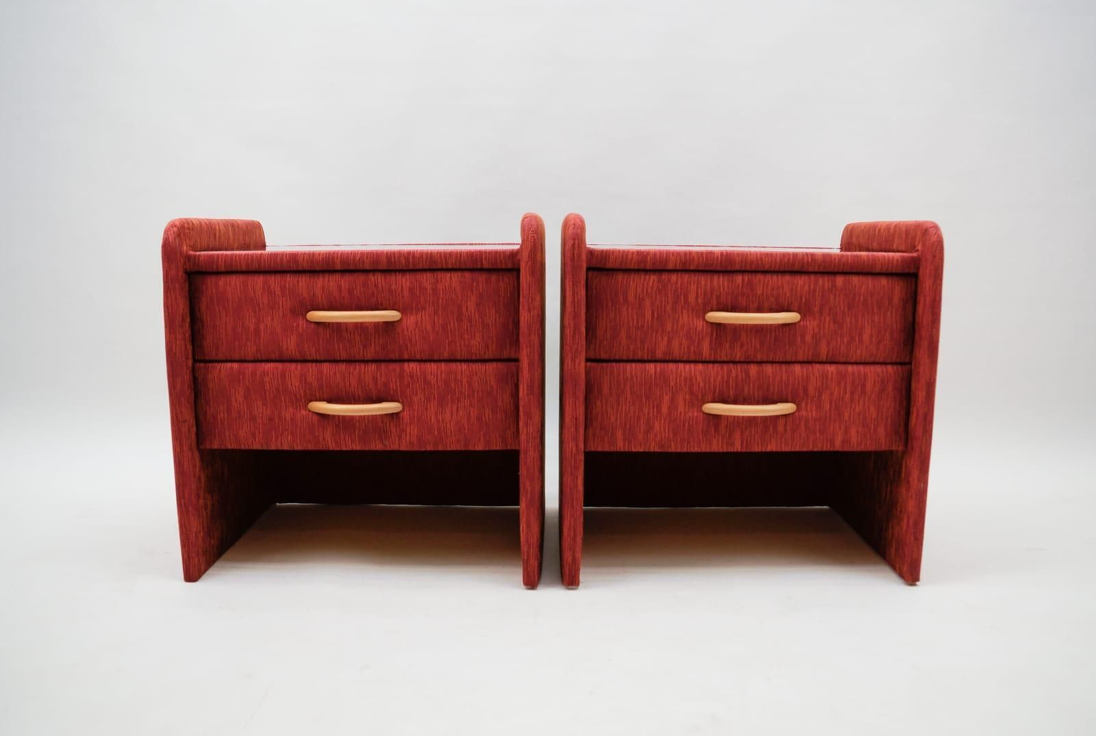 Two Fabric Upholstered Bedside Cabinets In Light Cherry Red And Glass, 1980s photo vinterior