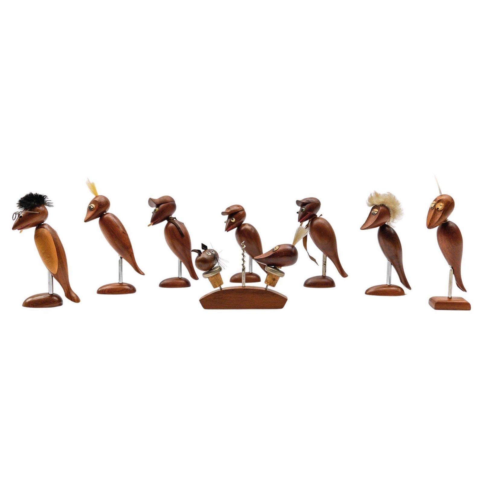 Lovely Set Of 7 Scandinavian Wooden Woodpecker Corkscrews, 1960s