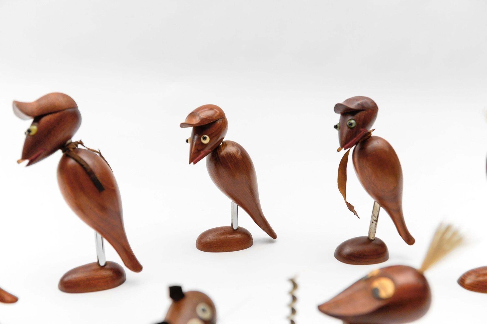 photo for sale Lovely Set Of 7 Scandinavian Wooden Woodpecker Corkscrews, 1960s
