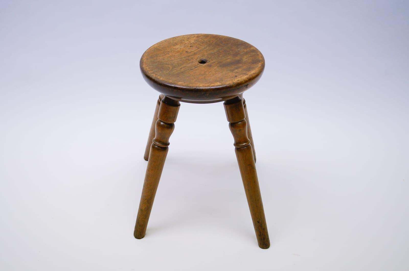 Mid Century Modern French Primitive 4 Legs Wooden Stool, 1950s photo for sale