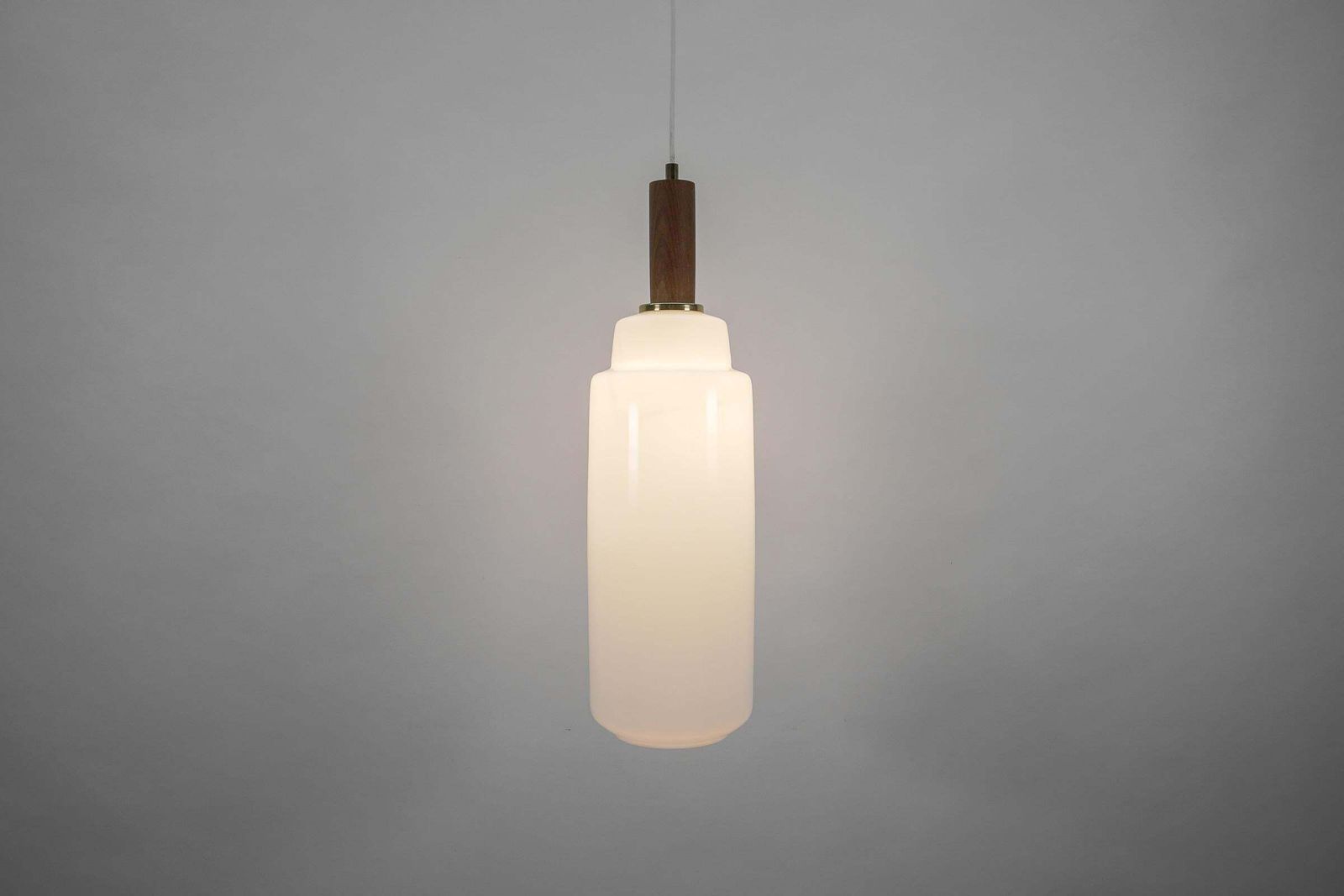 Cylindrical Scandinavian Opal Glass Hanging Lamp With Teak Wood, 1960s photo for sale