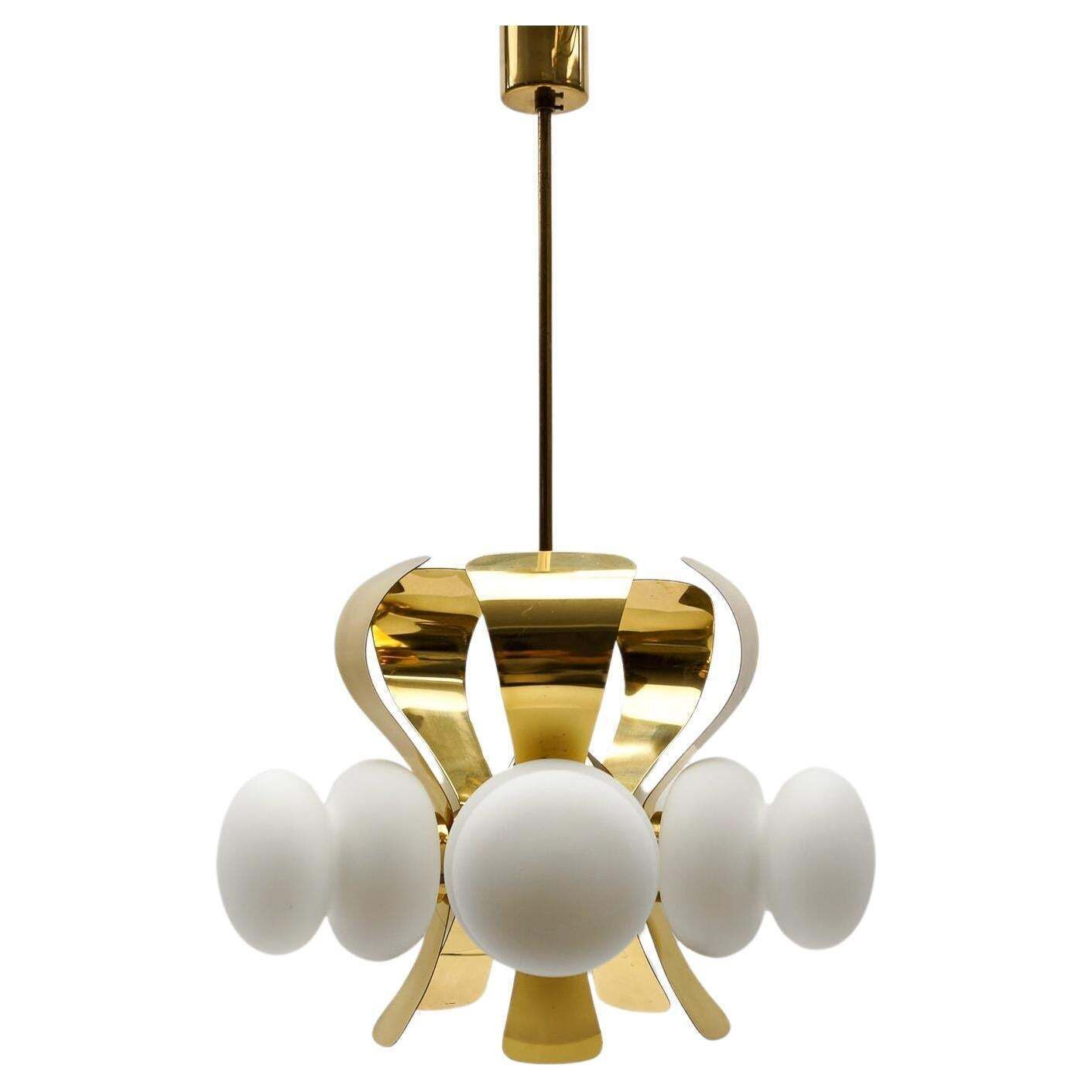 Very Rare Mid Century Modern 5 Arm Orbit Lamp In Gold And Opaline Glass, 1960s