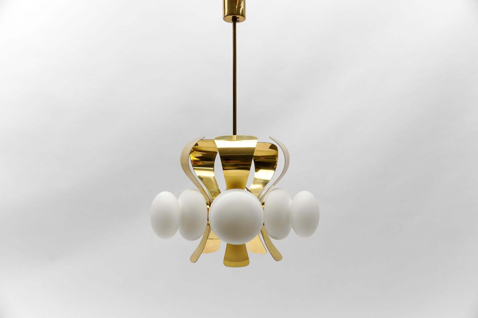 Very Rare Mid Century Modern 5 Arm Orbit Lamp In Gold And Opaline Glass, 1960s photo furniture