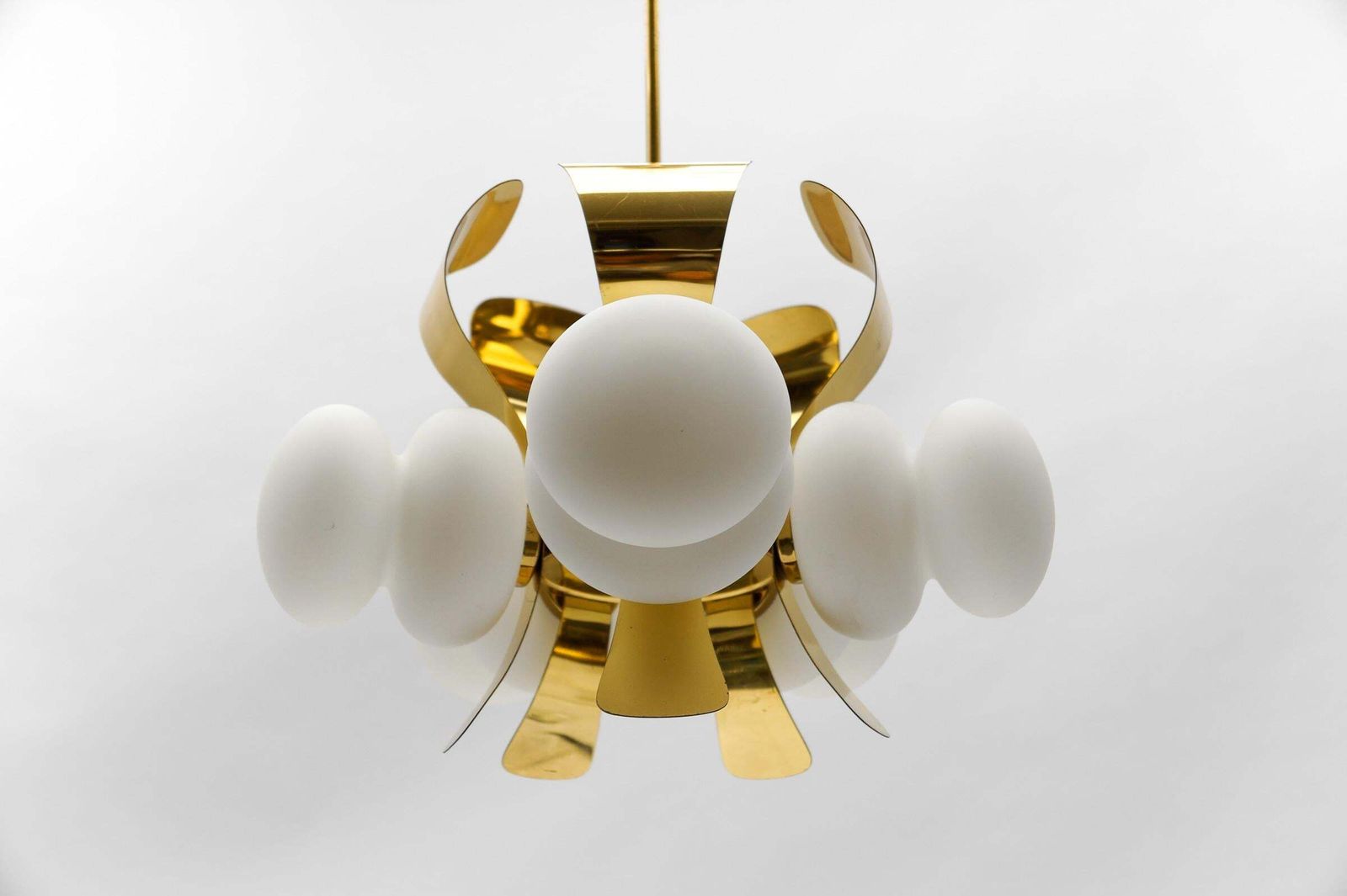 Very Rare Mid Century Modern 5 Arm Orbit Lamp In Gold And Opaline Glass, 1960s photo for sale