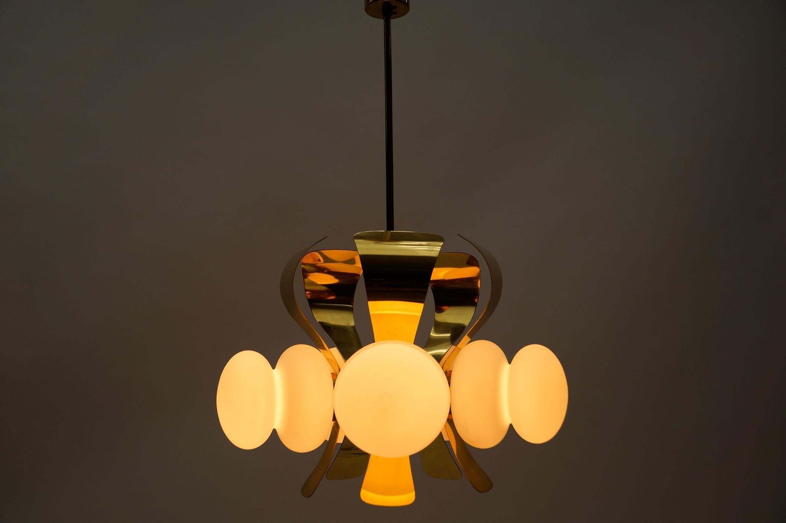 Very Rare Mid Century Modern 5 Arm Orbit Lamp In Gold And Opaline Glass, 1960s photo 1274.0