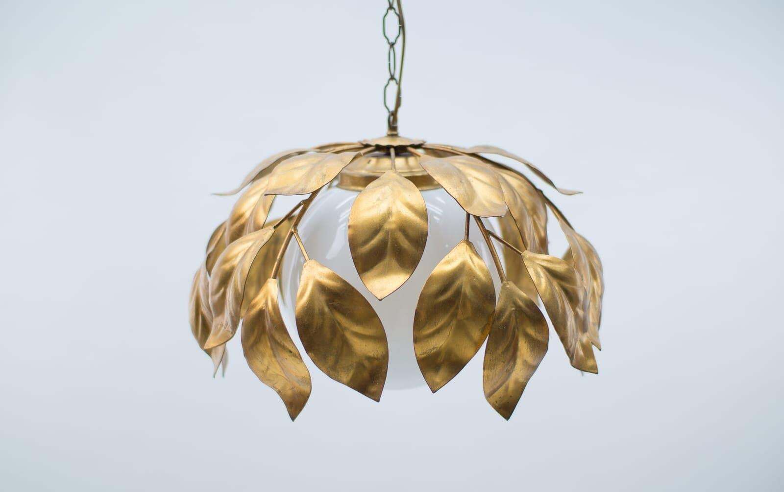 Nice Gilded Florentine Ceiling Lamp With Opaline Glass Globe Shade, Italy, 1960s photo 1827.0