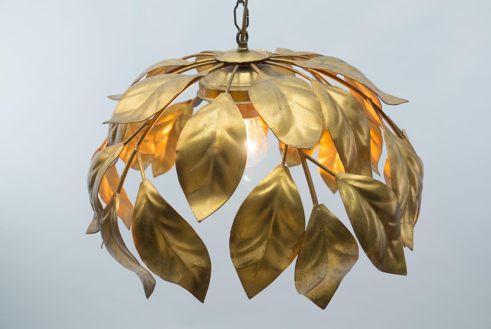 Nice Gilded Florentine Ceiling Lamp With Opaline Glass Globe Shade, Italy, 1960s photo vintage