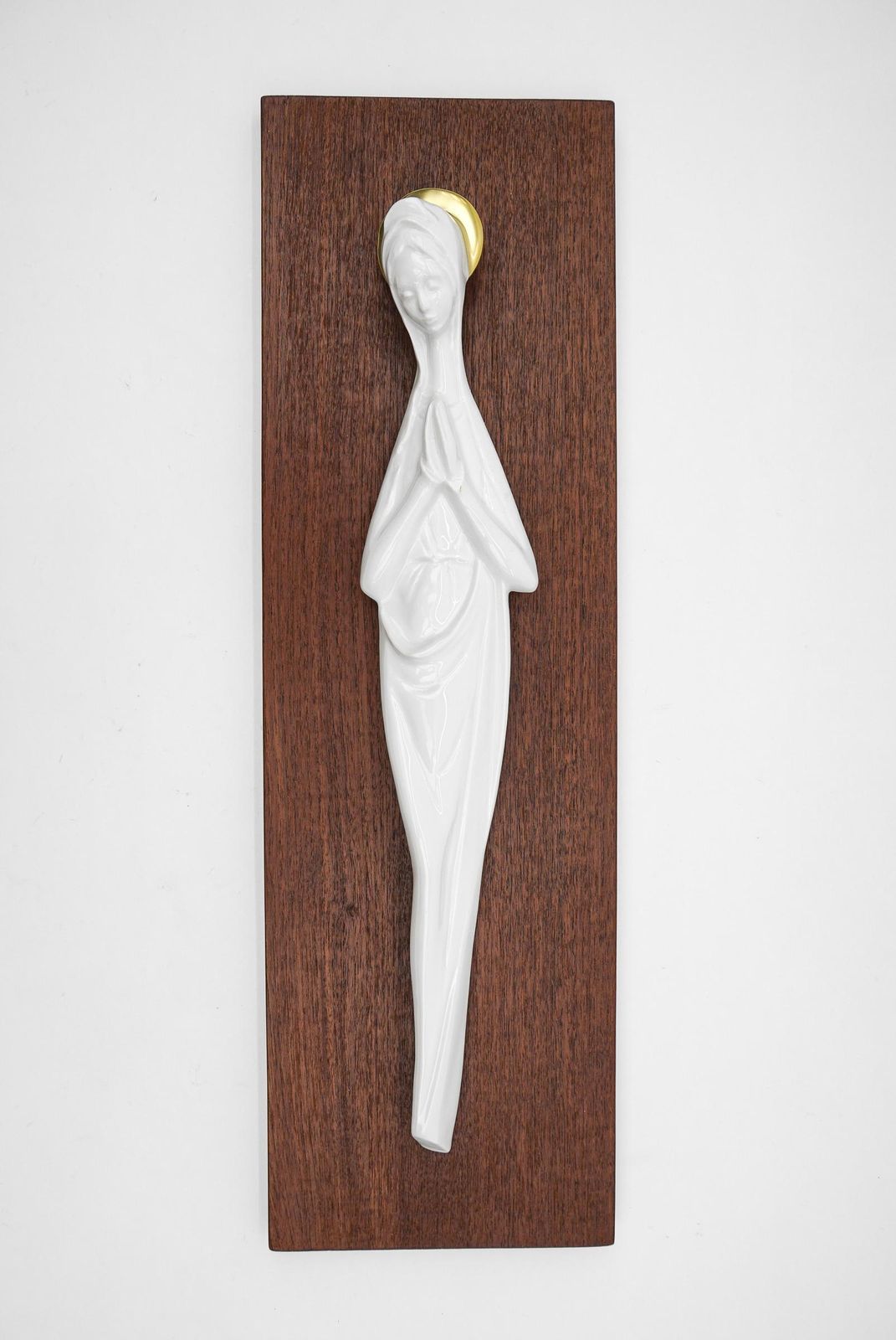 Scandinavian White And Molded Porcelain Madonna On Teak Panel, 1960s photo furniture