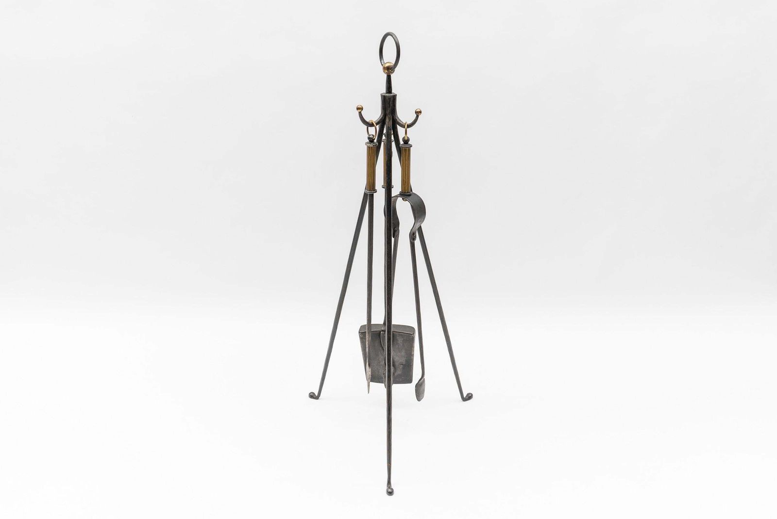 Hand Forged Tripod Iron And Brass Stand With Fireplace Tools, Austria, 1950s photo 1656.0