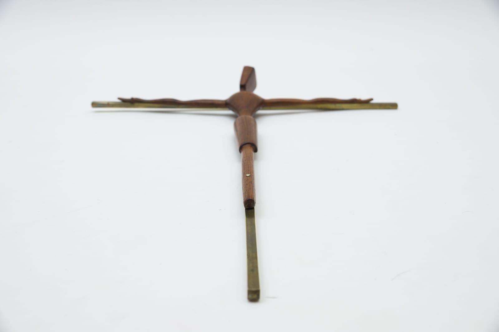 Mid Century Modern Brass Crucifix With An Hand Carved Teak Jesus Sculpture photo furniture
