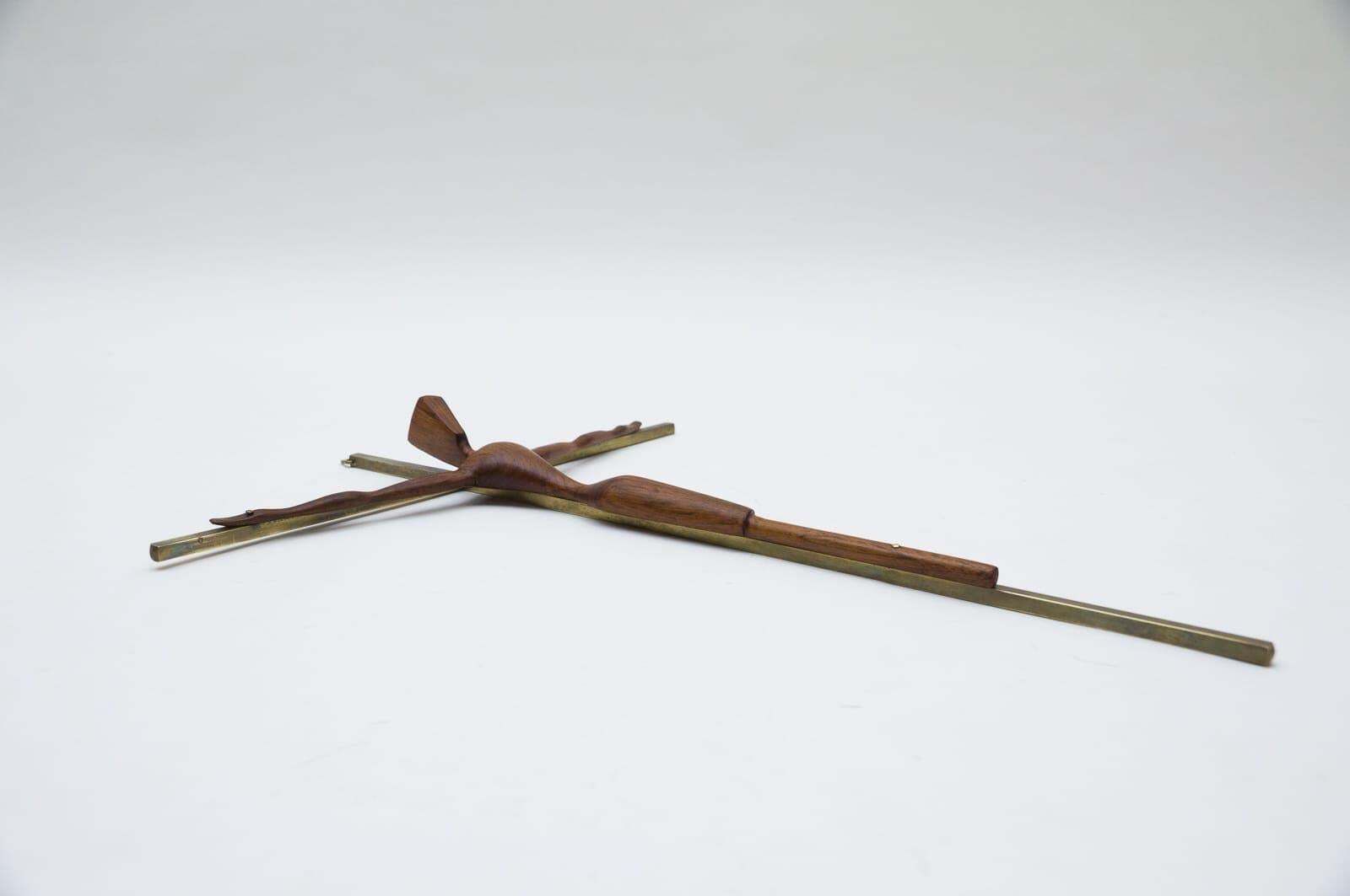 Mid Century Modern Brass Crucifix With An Hand Carved Teak Jesus Sculpture photo for sale