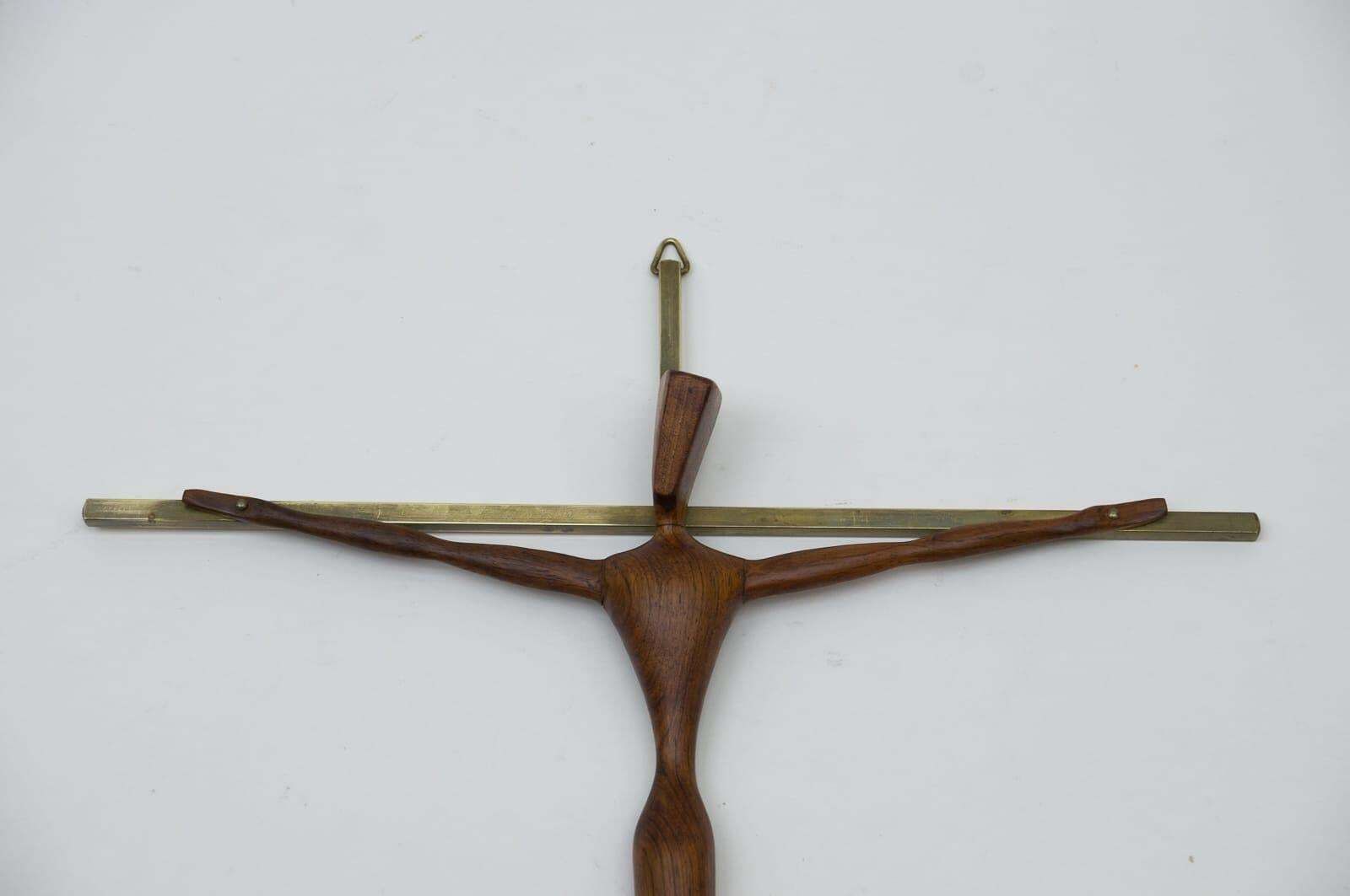 Mid Century Modern Brass Crucifix With An Hand Carved Teak Jesus Sculpture photo vinterior