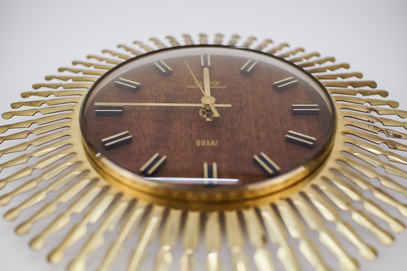 Mid Century Modern Sunburst Wall Clock By Meister Anker In Brass, 1960s Germany photo vinterior