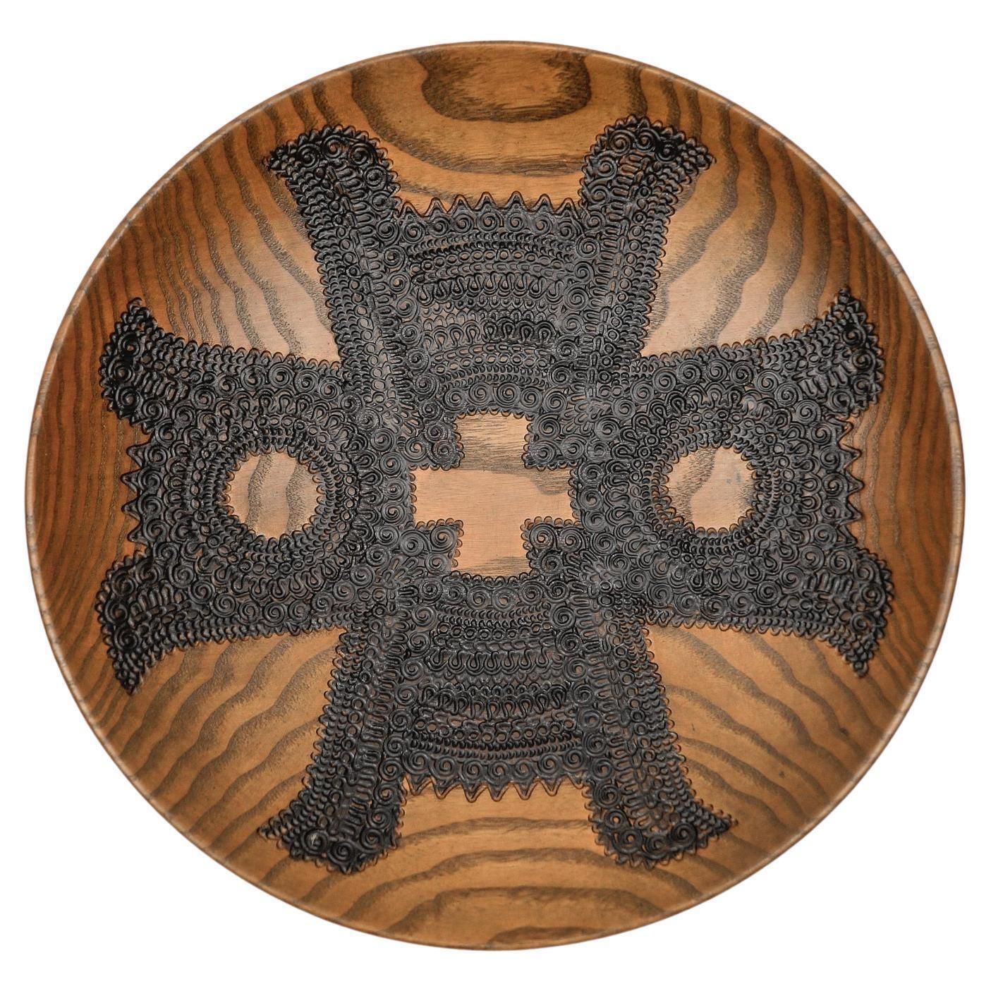 Mid Century Modern Handmade Artist's Wooden Plate With Copper Signature, 1960s